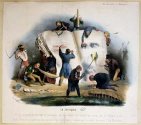 Litteraturkritikk, karikatur av litteraturkritikere som fjerner avsnitt fra bøker som ikke behager dem, ca. 1830